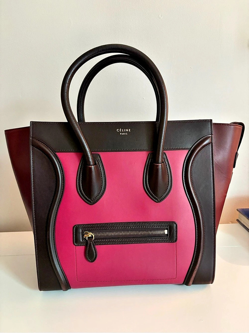 Celine Tricolor Luggage Tote Pink Burgundy Smooth Calfskin Leather